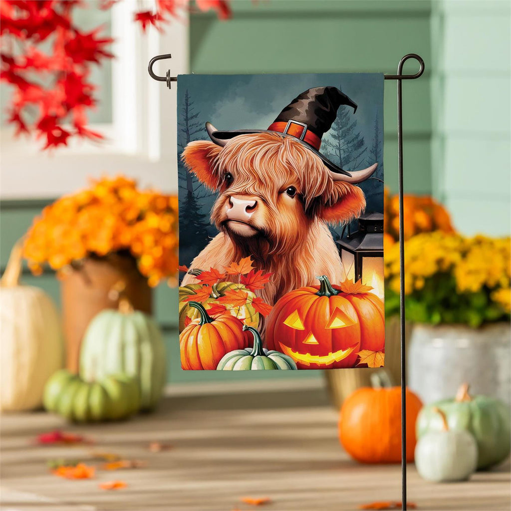 Haunted Highland Cow Burlap Flag