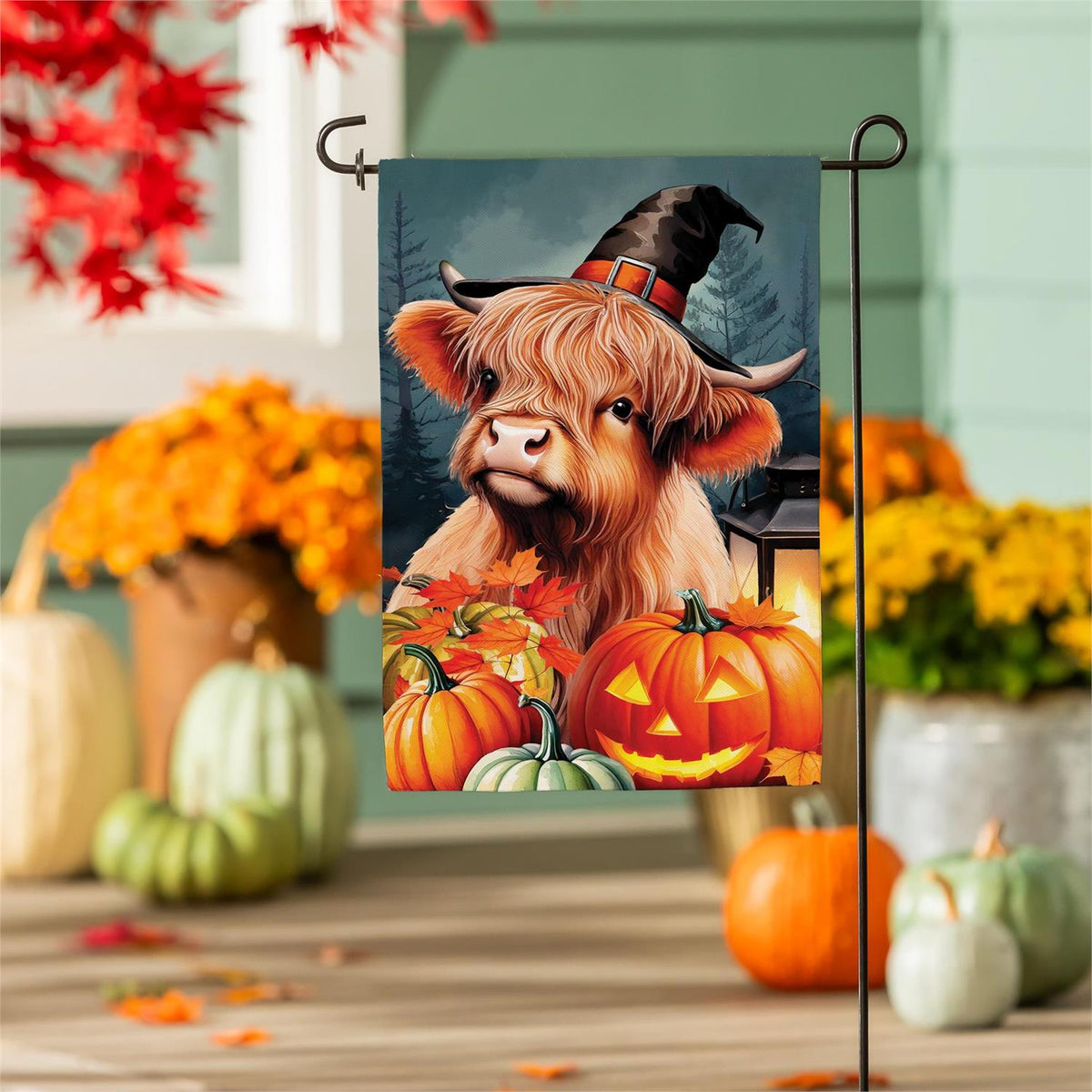 Haunted Highland Cow Burlap Flag
