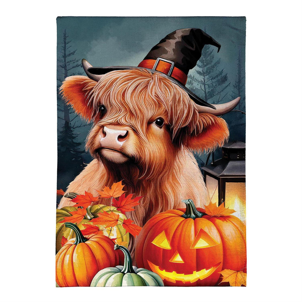 Haunted Highland Cow Burlap Flag