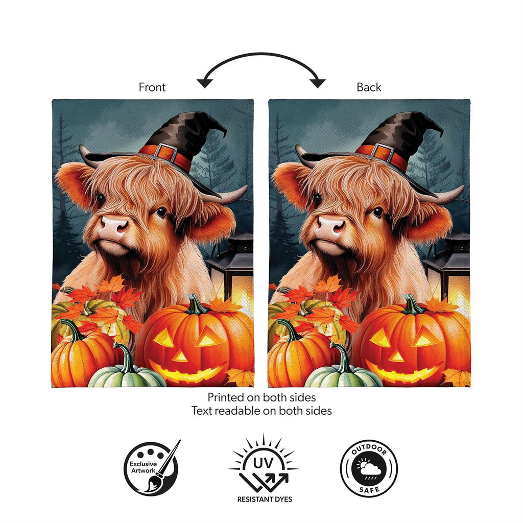 Haunted Highland Cow Burlap Flag