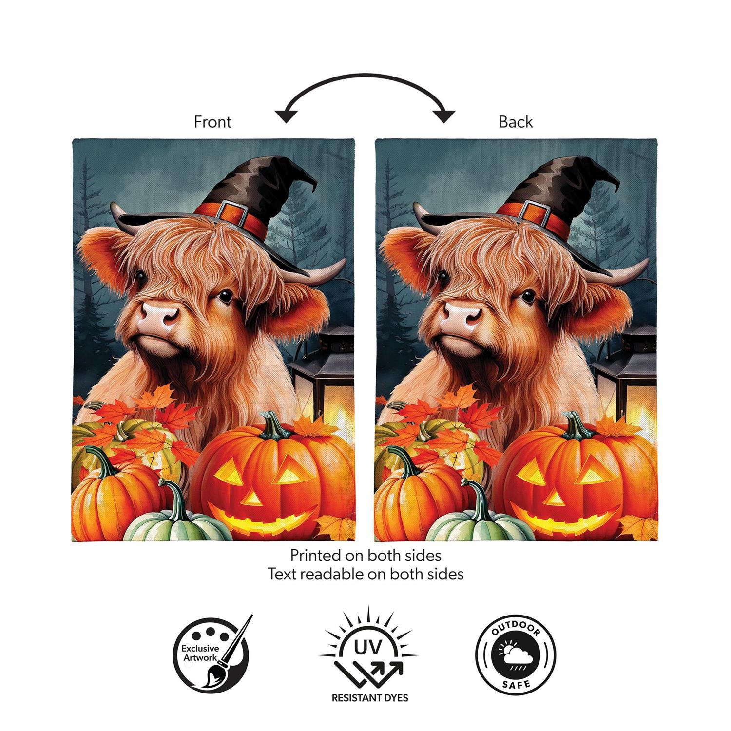 Haunted Highland Cow Burlap Flag