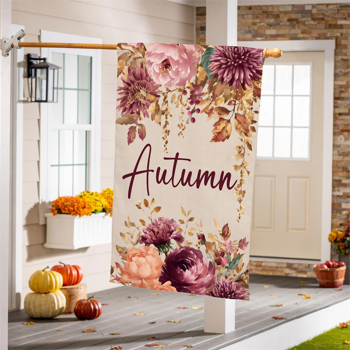 Autumn Florals Burlap Flag