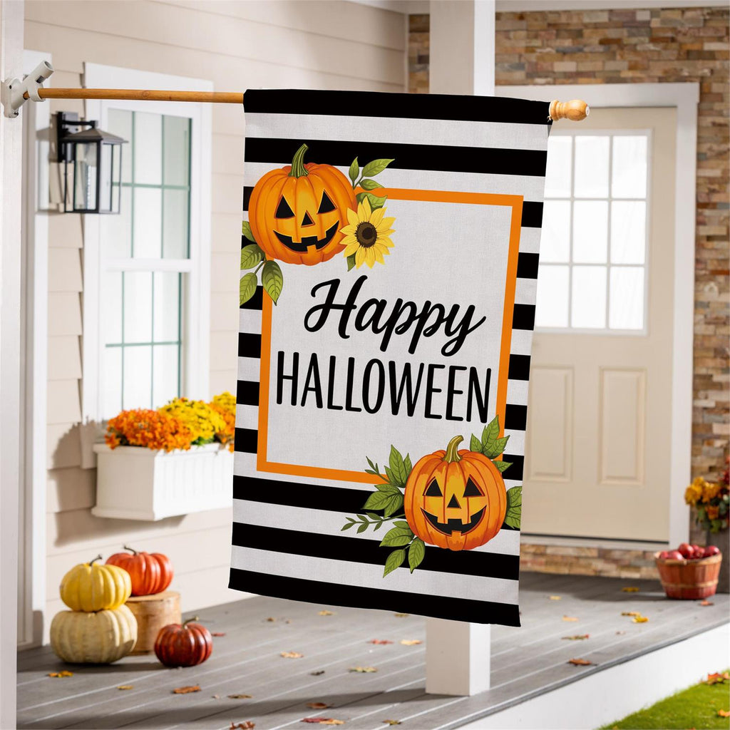 Happy Halloween Striped Jack O' Lanterns Burlap Flag
