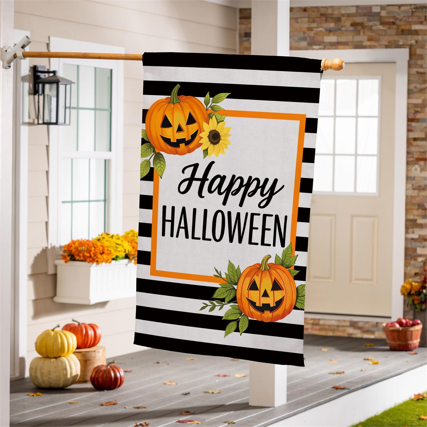 Happy Halloween Striped Jack O' Lanterns Burlap Flag