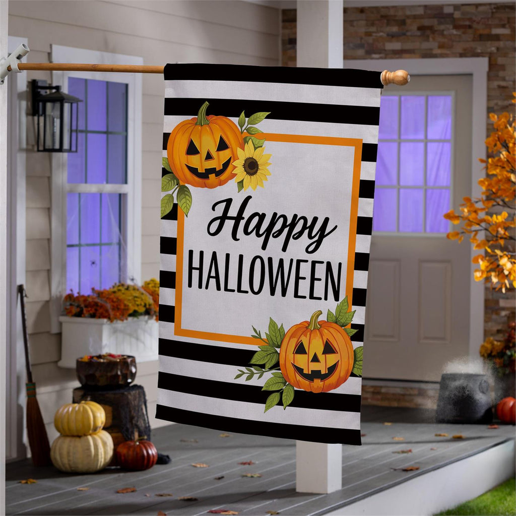 Happy Halloween Striped Jack O' Lanterns Burlap Flag