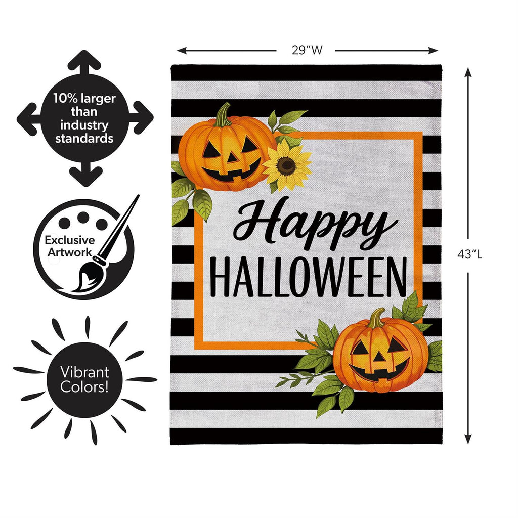 Happy Halloween Striped Jack O' Lanterns Burlap Flag