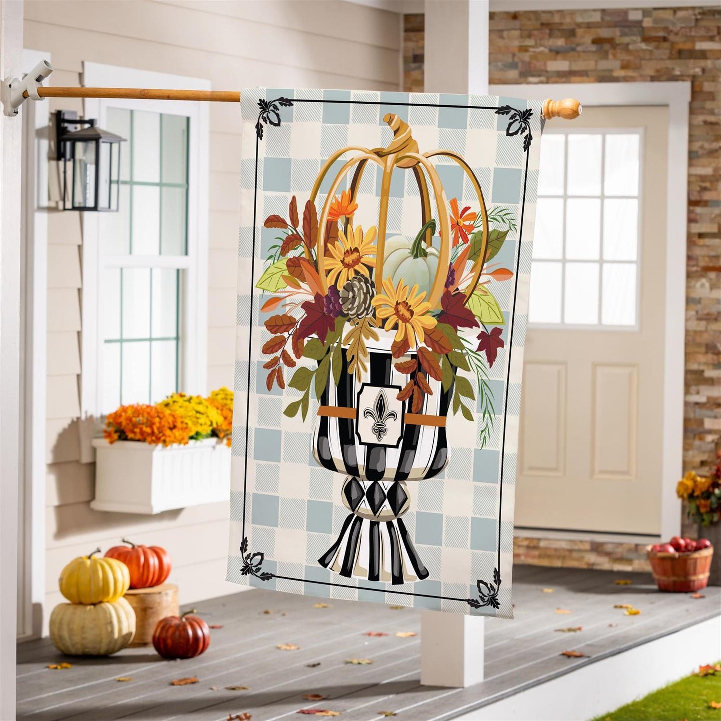 Courtly Check Fall Floral Burlap Flag