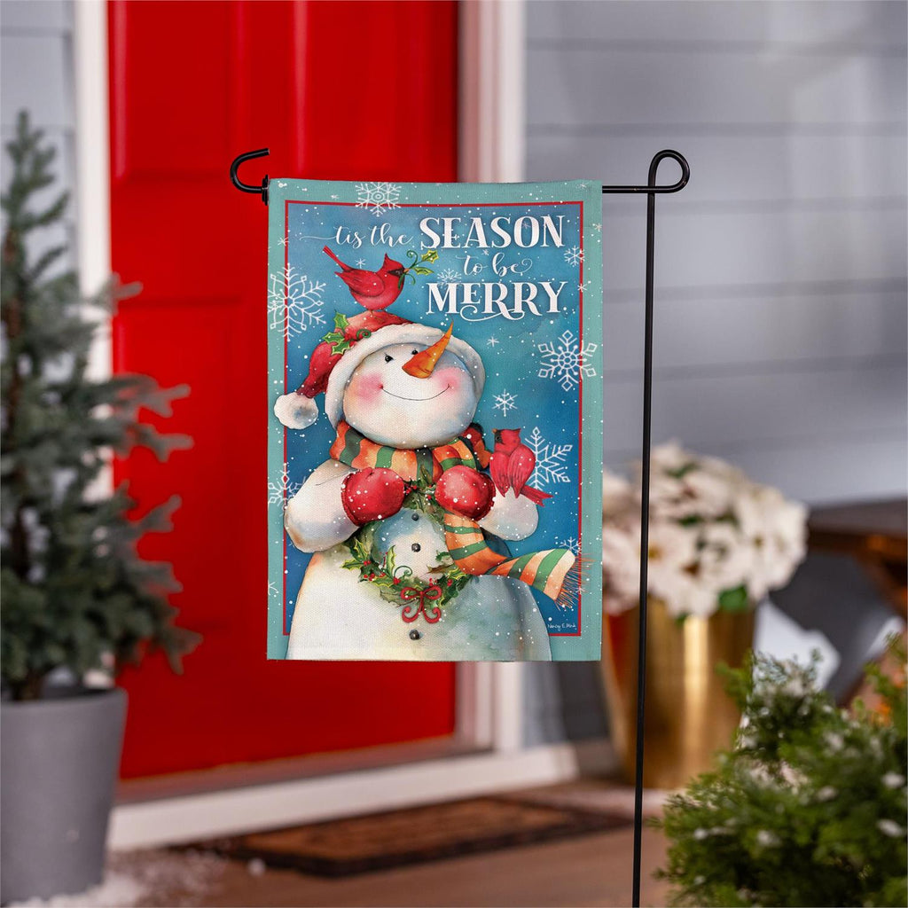 Merry Snowman With Cardinal Burlap Flag
