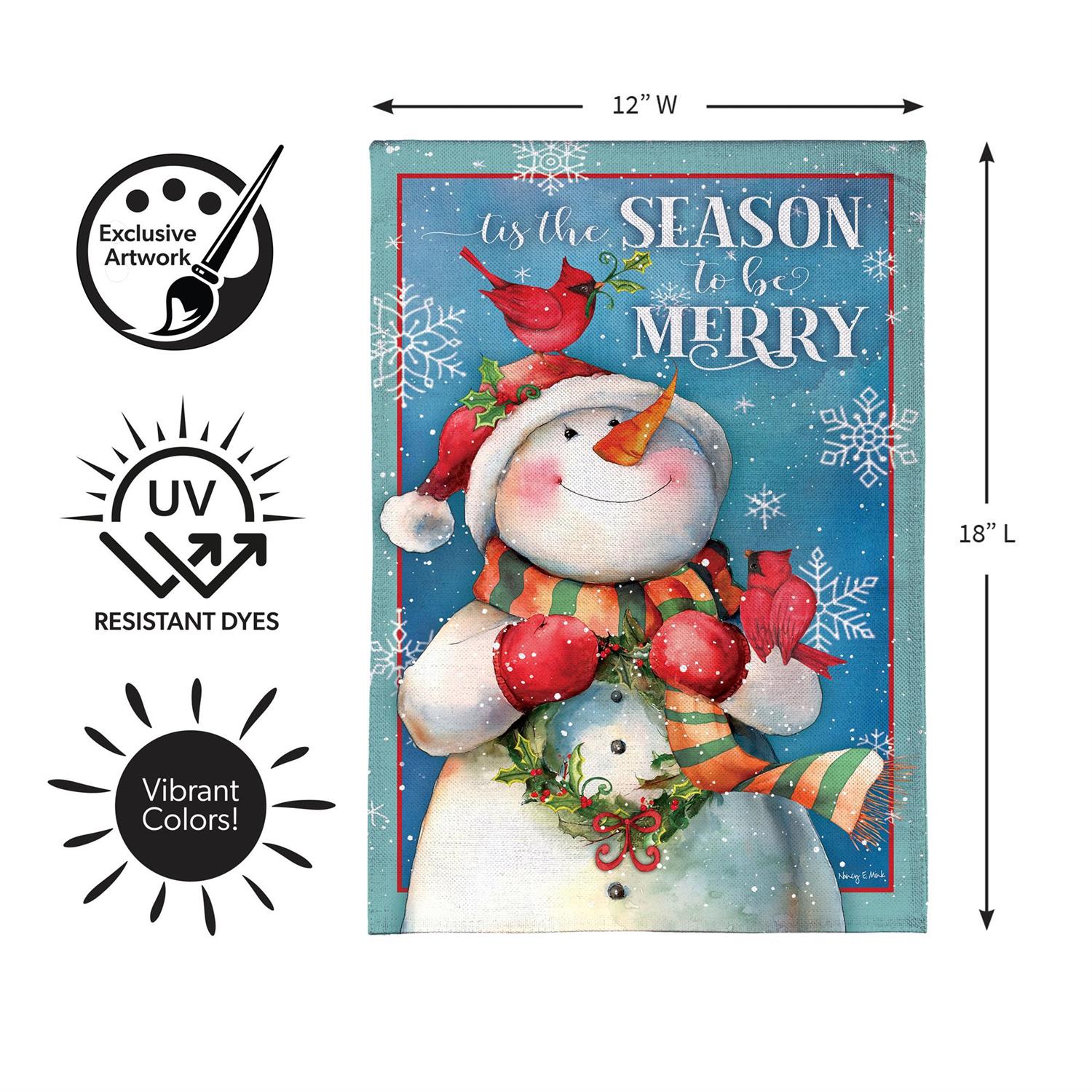 Merry Snowman With Cardinal Burlap Flag