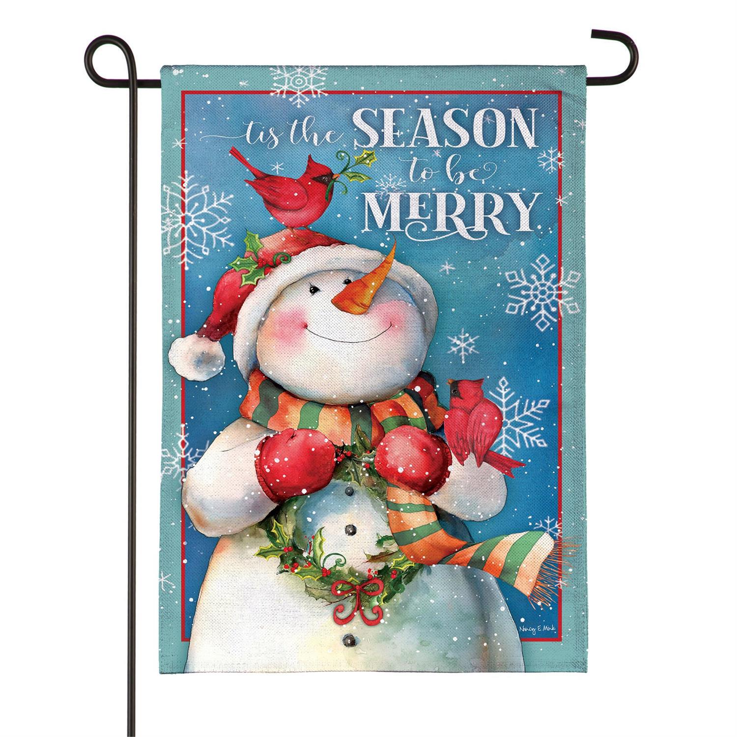 Merry Snowman With Cardinal Burlap Flag