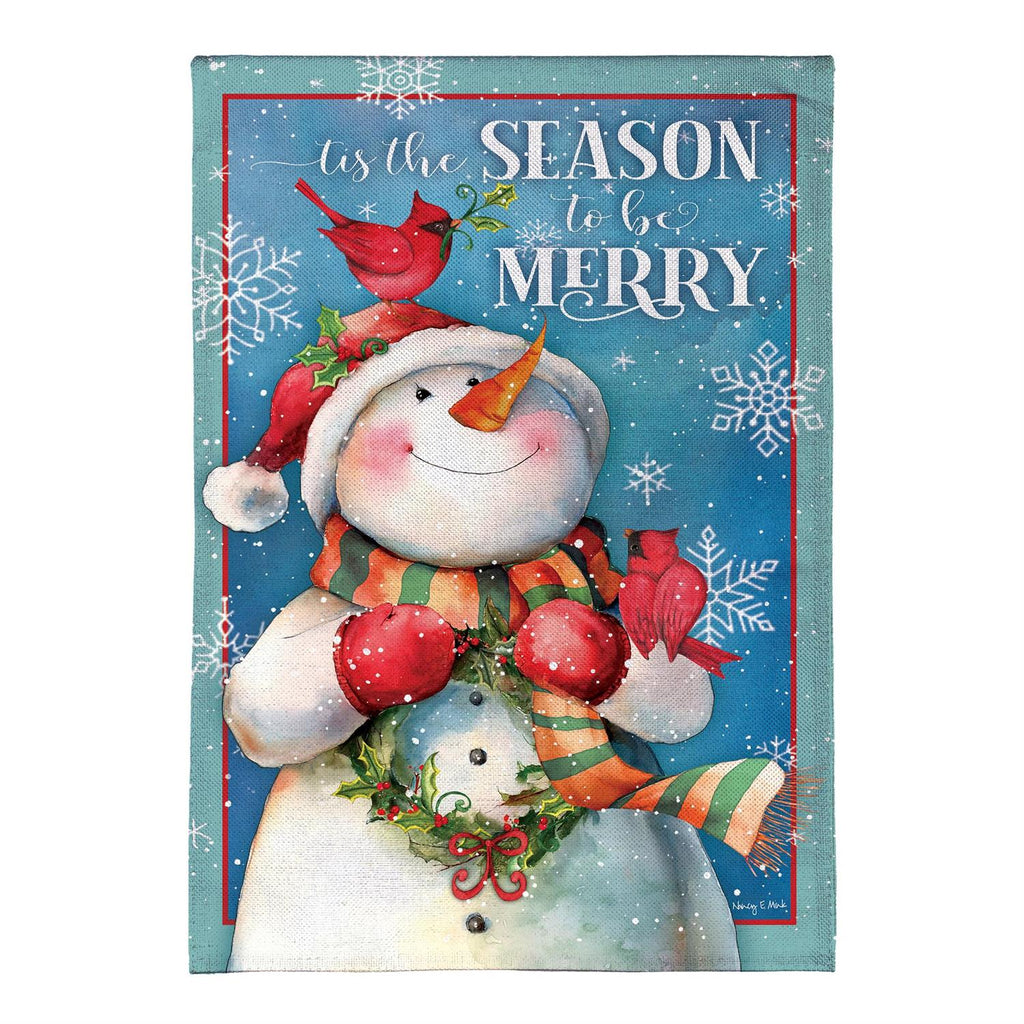 Merry Snowman With Cardinal Burlap Flag