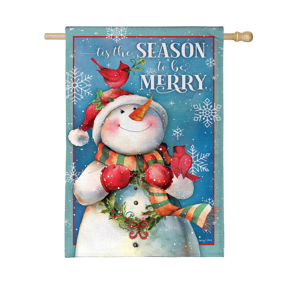 Merry Snowman With Cardinal Burlap Flag