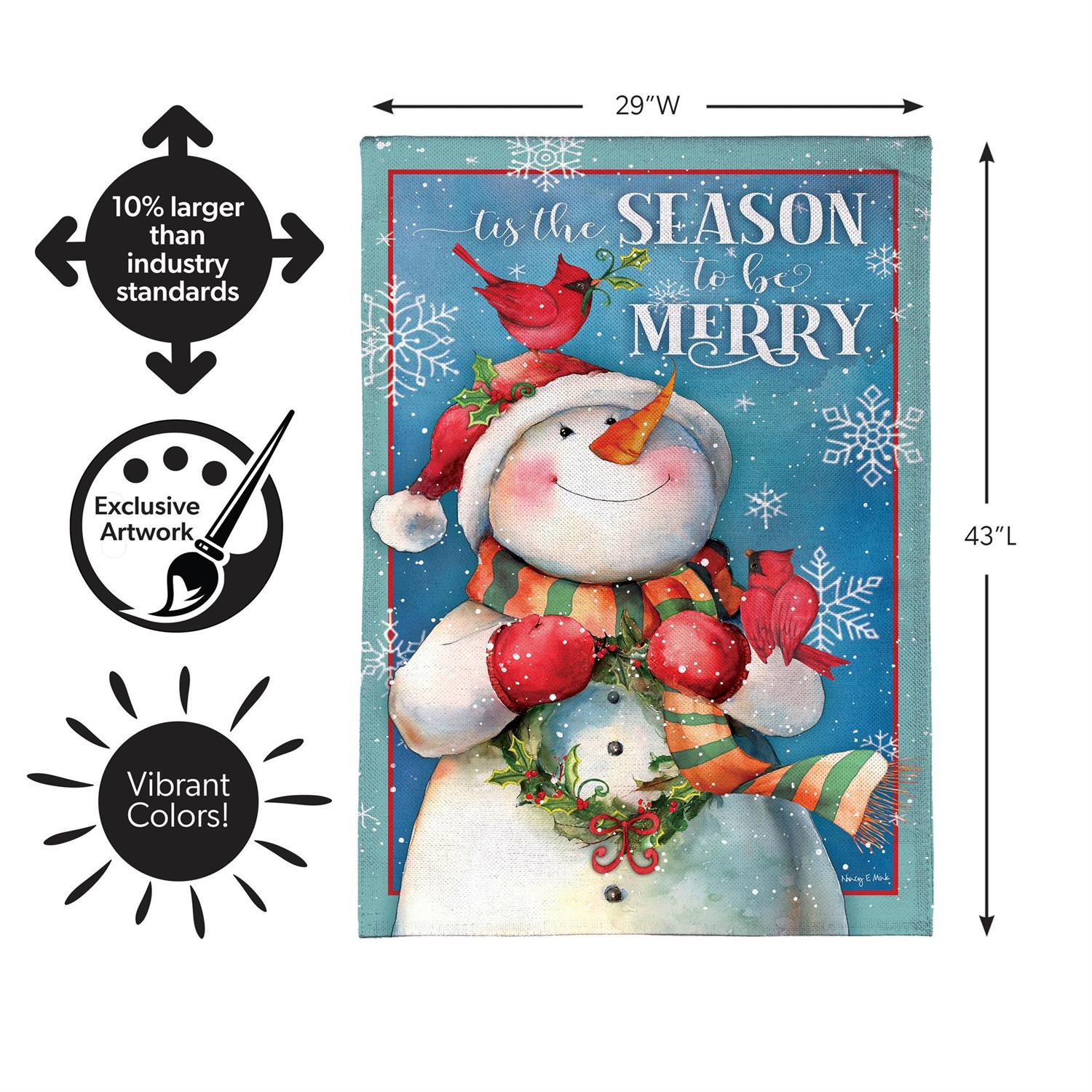 Merry Snowman With Cardinal Burlap Flag