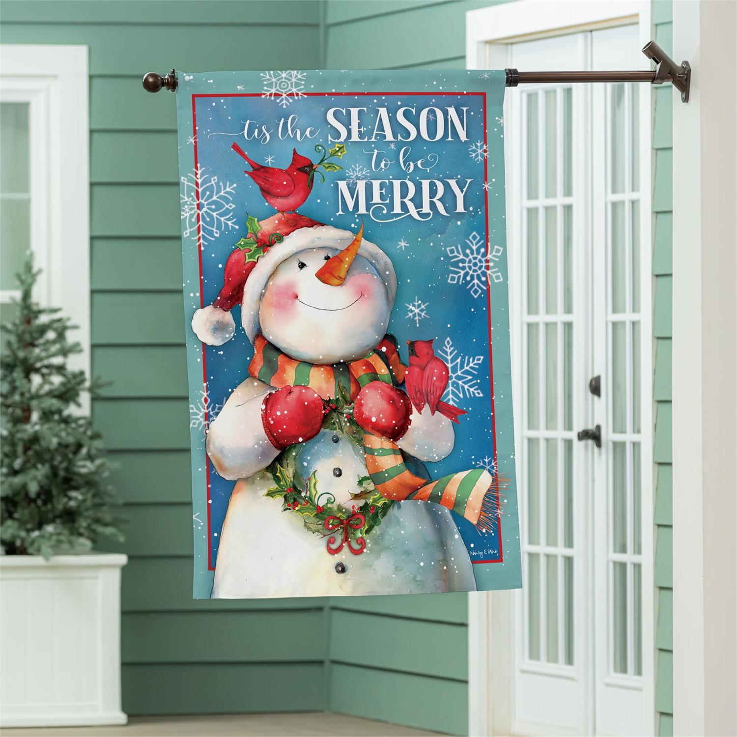 Merry Snowman With Cardinal Burlap Flag