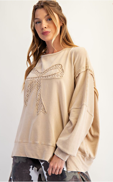 GINA BOW PATCH WASHED TERRY PULLOVER