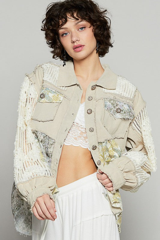 Balloon sleeve A-line twill woven floral jacket