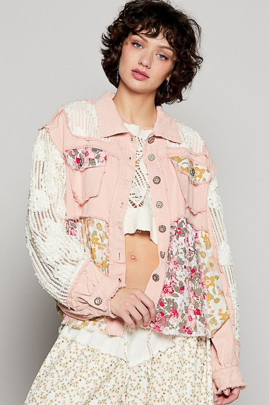 Balloon sleeve A-line twill woven floral jacket