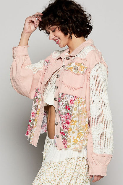 Balloon sleeve A-line twill woven floral jacket