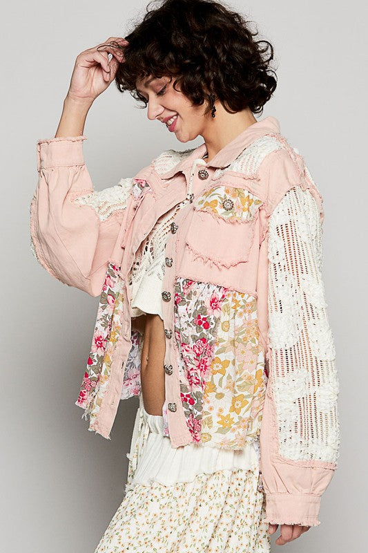 Balloon sleeve A-line twill woven floral jacket