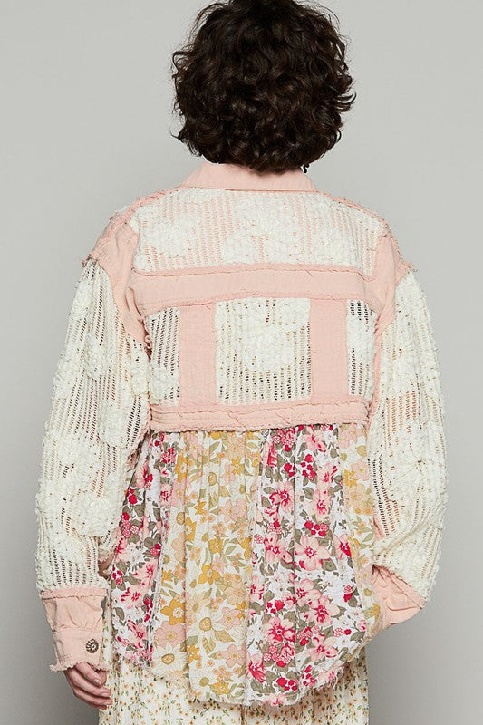 Balloon sleeve A-line twill woven floral jacket