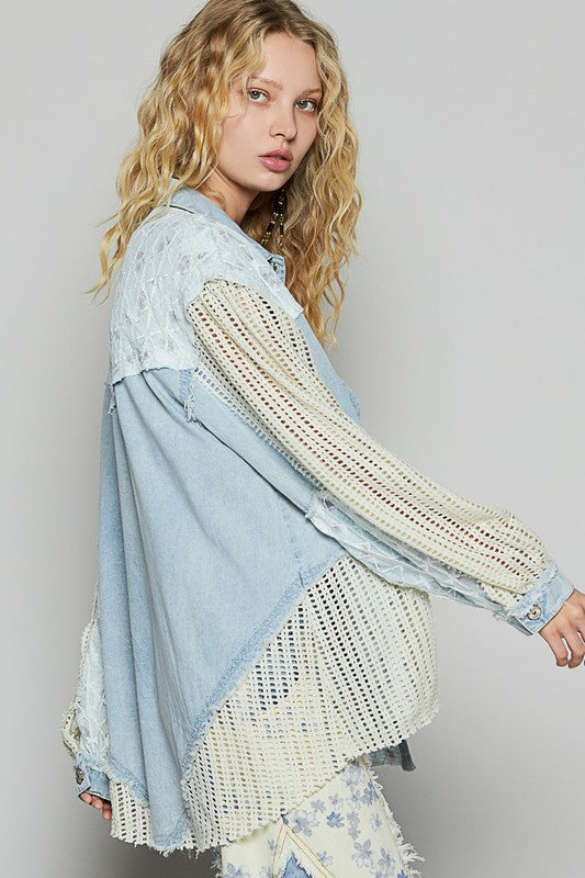 Pol Balloon sleeve lace trim woven denim jacket