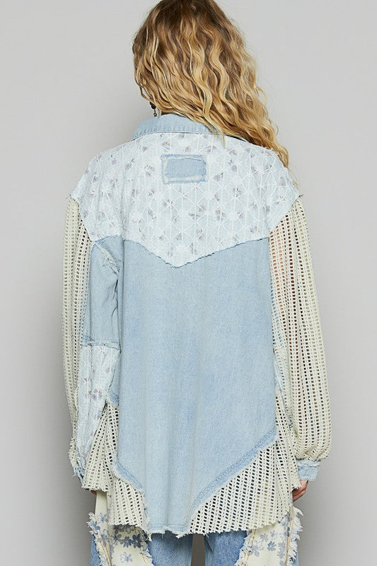 Pol Balloon sleeve lace trim woven denim jacket