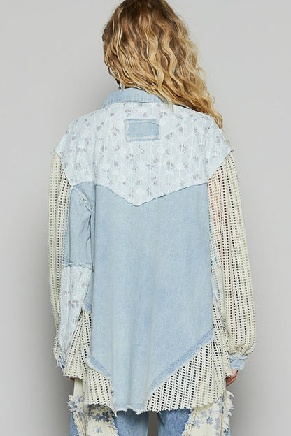 Pol Balloon sleeve lace trim woven denim jacket