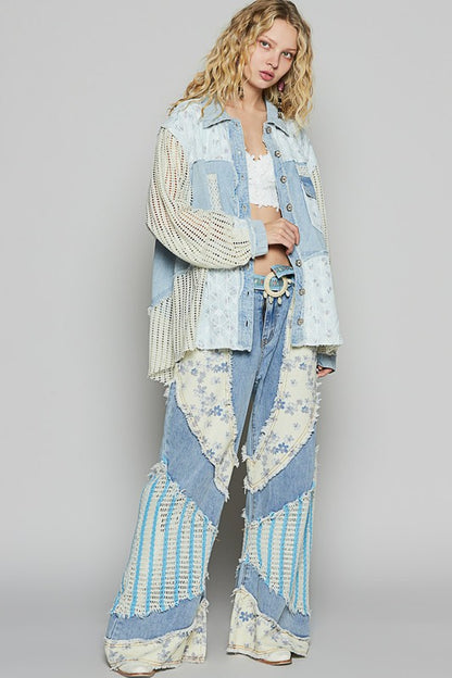 Pol Balloon sleeve lace trim woven denim jacket