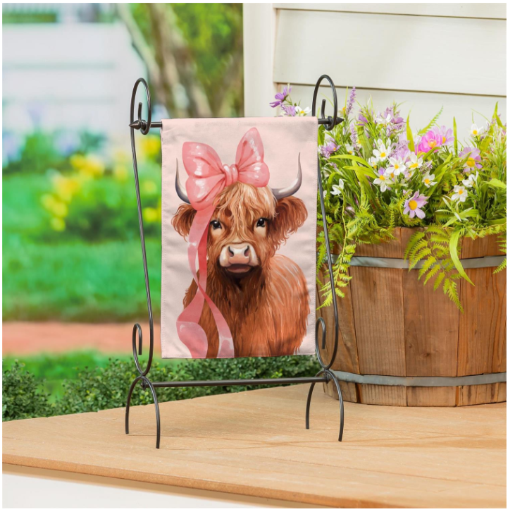 Blossom The Bowtiful Highland Cow Burlap Flag
