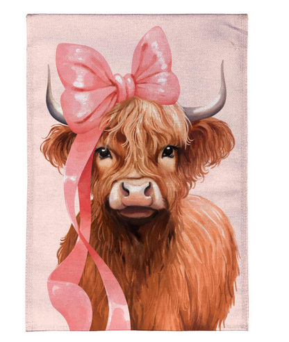 Blossom The Bowtiful Highland Cow Burlap Flag
