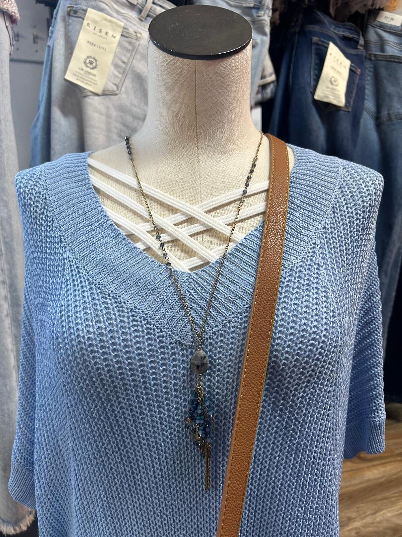 Grey and Blue Stone Tassel Necklace