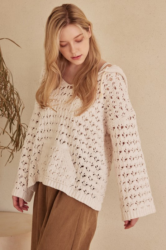 Boat Neck Hooded Crochet Bolero Sweater
