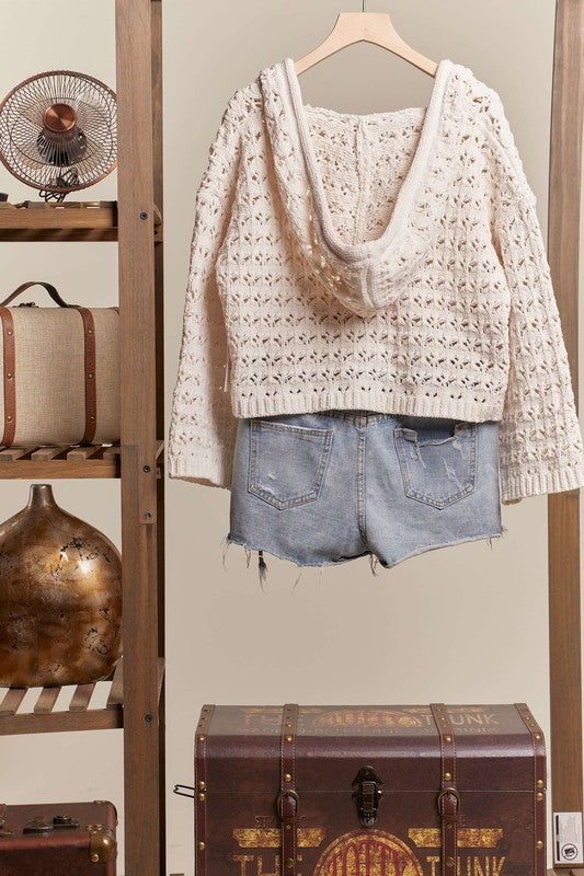 Boat Neck Hooded Crochet Bolero Sweater