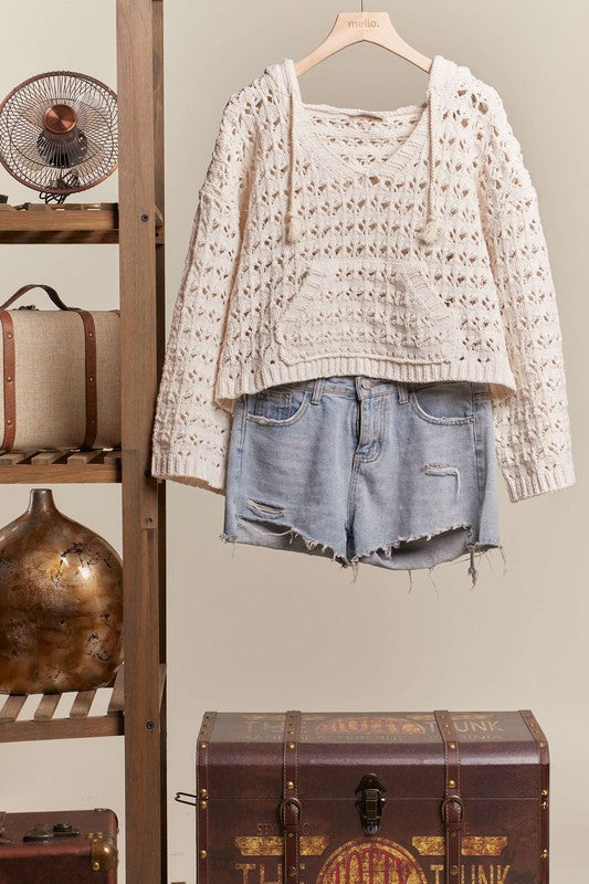 Boat Neck Hooded Crochet Bolero Sweater
