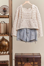 Boat Neck Hooded Crochet Bolero Sweater