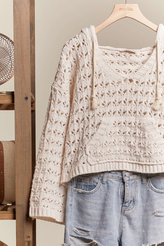 Boat Neck Hooded Crochet Bolero Sweater