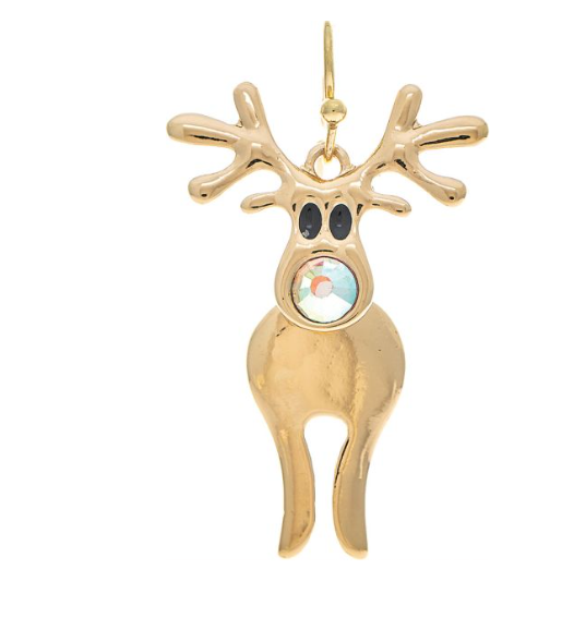 Brushed Gold Bobble Head Aurora Borealis Gem Nose Reindeer Earring