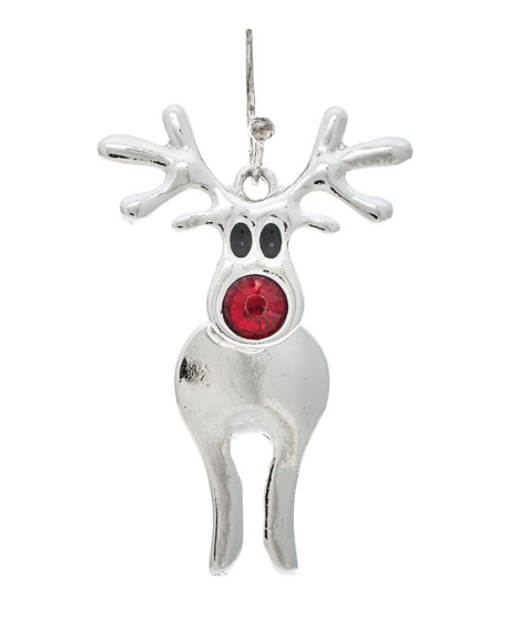 Brushed Silver Bobble Red Gem Nose Reindeer Earring