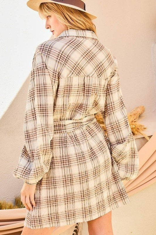 Bubble Sleeve Waist Belt Plaid Shirts Dress