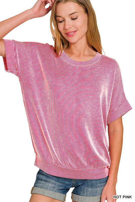 CORDED RIB SHORT SLEEVE TOP