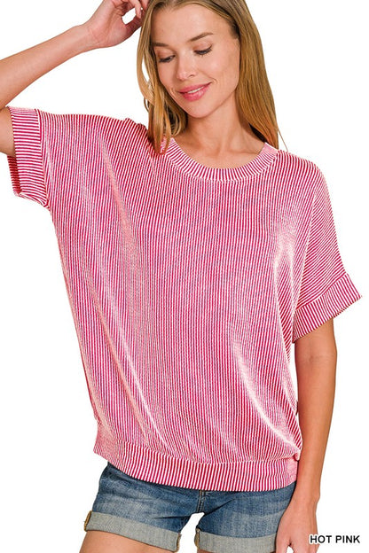 CORDED RIB SHORT SLEEVE TOP