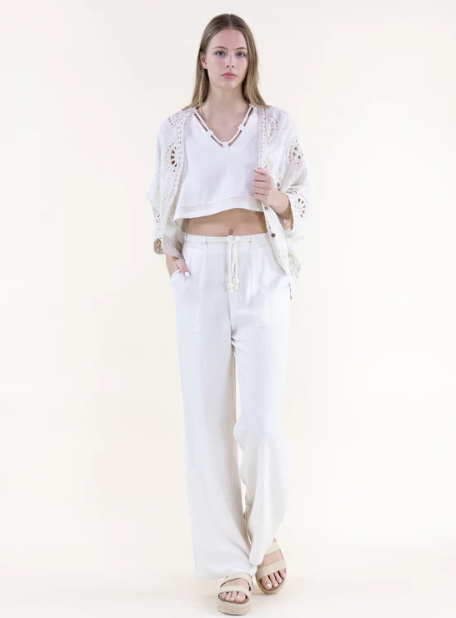 Coastal Linen Rope Belt Wide Legged Pants Beige