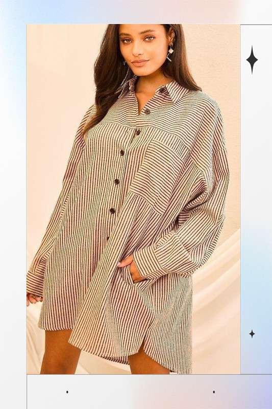 Collar Neck Side Pockets Stripe Print Shirts Dress