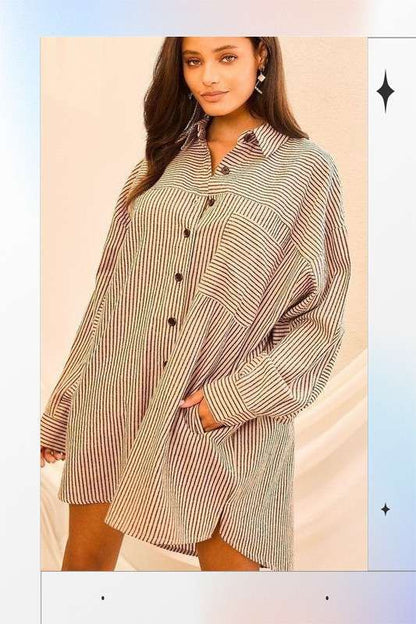 Collar Neck Side Pockets Stripe Print Shirts Dress