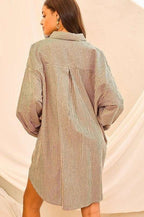 Collar Neck Side Pockets Stripe Print Shirts Dress