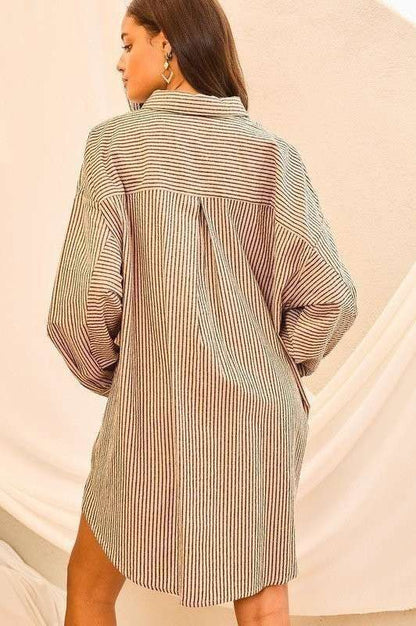 Collar Neck Side Pockets Stripe Print Shirts Dress