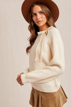 Chamille Cutout Tie Detail Neck Sweater Pullover