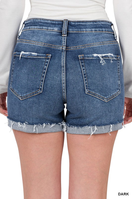 ZENANA DISTRESSED CUFFED RAW HEM DENIM SHORTS