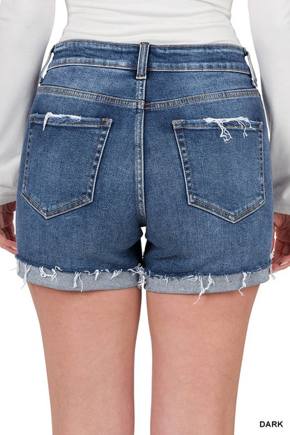 ZENANA DISTRESSED CUFFED RAW HEM DENIM SHORTS