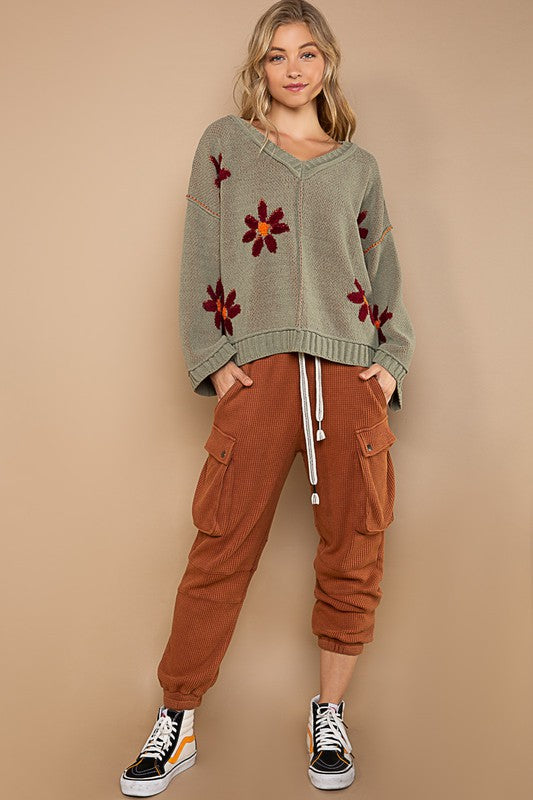 Olive V-neck floral pattern chenille pullover sweater